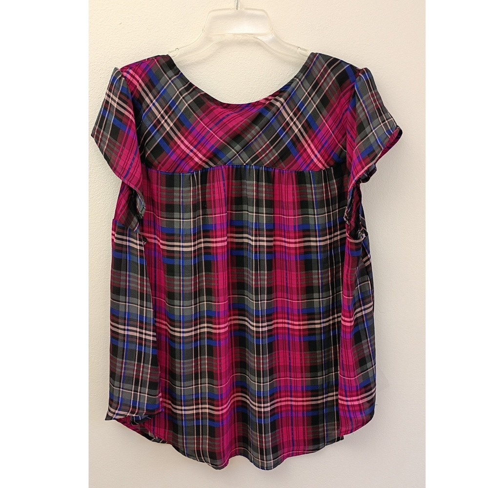 Torrid Harper Blouse Pink Plaid Flutter Sleeve V-Neck Georgette Top 2X Preppy - Picture 2 of 7